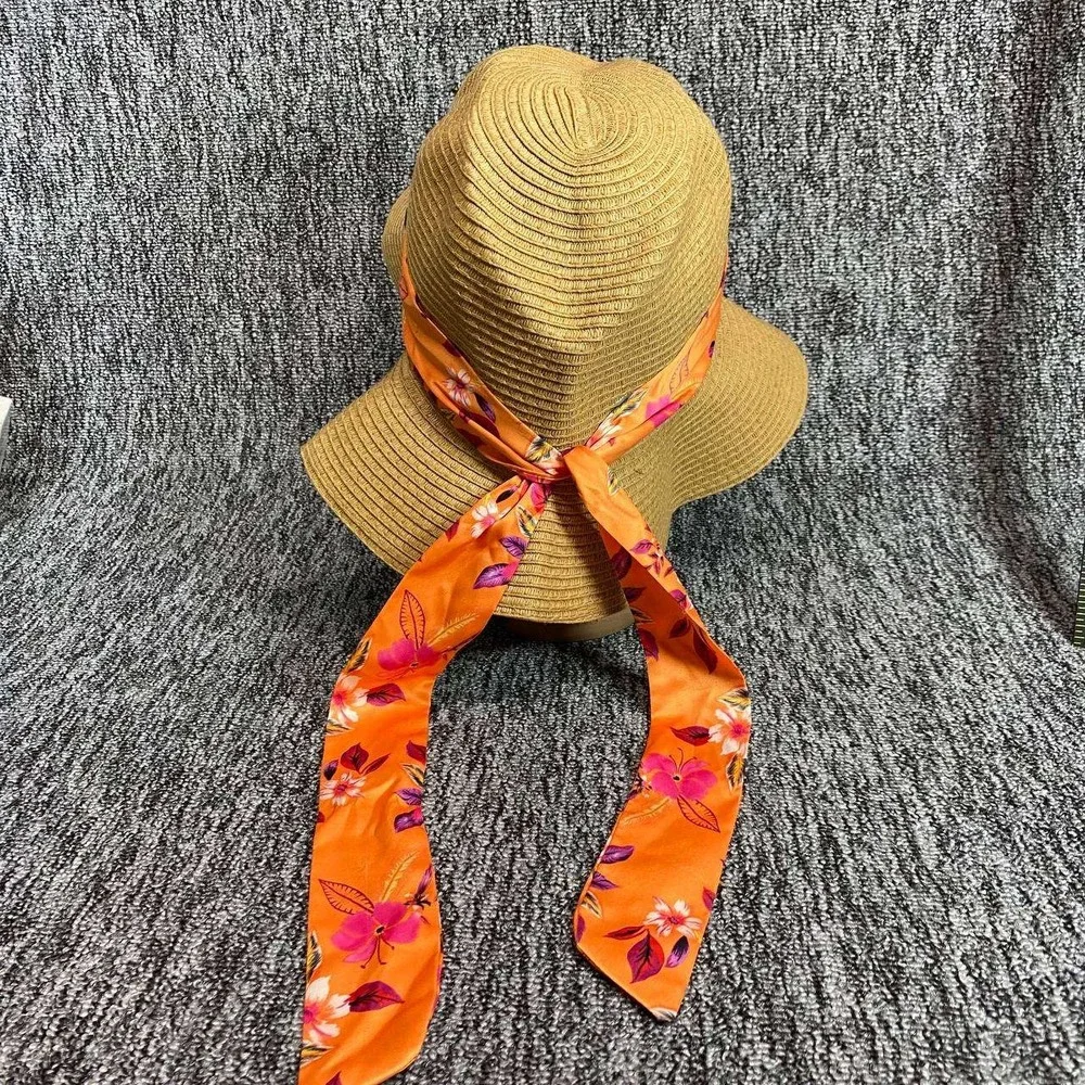 Steve Madden Straw Sun Hat Orange Floral Scarf Tie Wide Brim Floppy Beach Resort